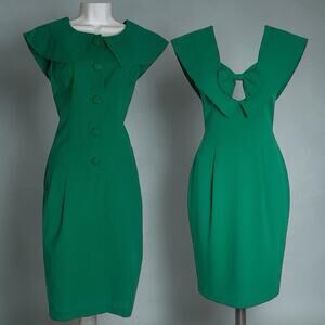 VTG Kelly Green Sailor Collar Wiggle Dress Back Bow Cutout Midi Secretary 80s 12